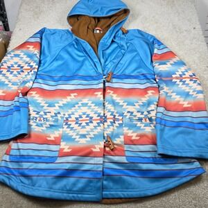 Aztec Southwestern Hooded Jacket Women Large Blue Orange Toggle Coat Western